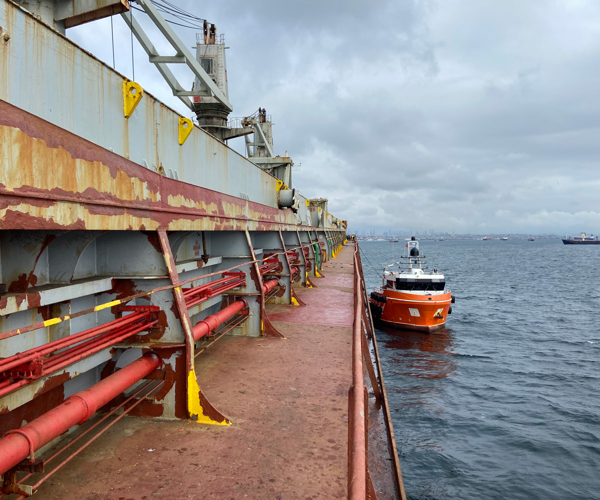 A detailed view of ship maintenance activities at Istanbul anchorage highlighting Bravo Ship's expertise